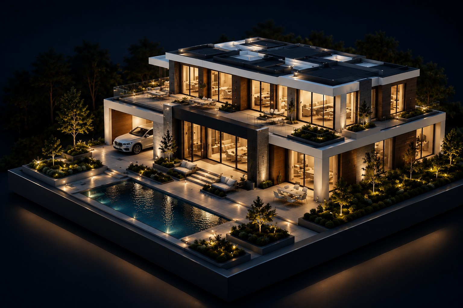 Modern 3D luxury mansion at night with glass walls, pool, landscaping, and warm interior lighting